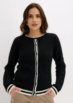 bonprix bonprix Chaqueta de punto ajour con hilo suave Negro-blanco lana