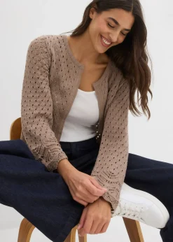 bonprix bonprix Chaqueta de punto ajour de algodón puro Marrón grisáceo Online