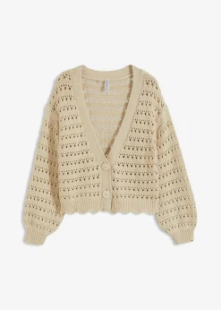 bonprix bonprix Chaqueta de punto ajour de algodón puro gris guijarro
