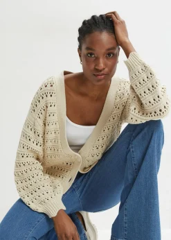 bonprix bonprix Chaqueta de punto ajour de algodón puro gris guijarro