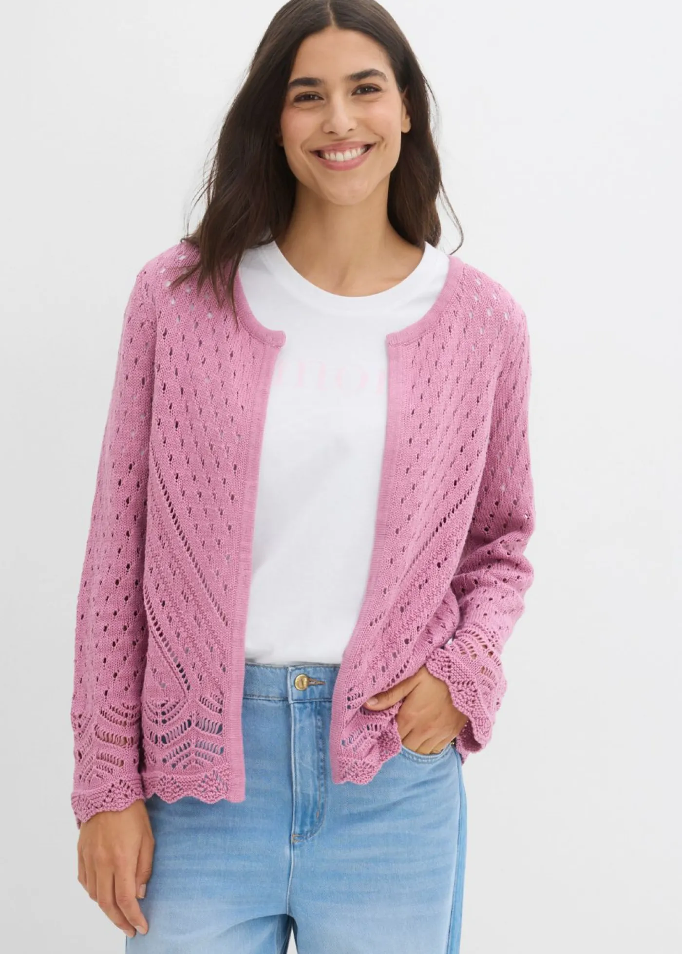 bonprix bonprix Chaqueta de punto ajour de algodón puro Malva