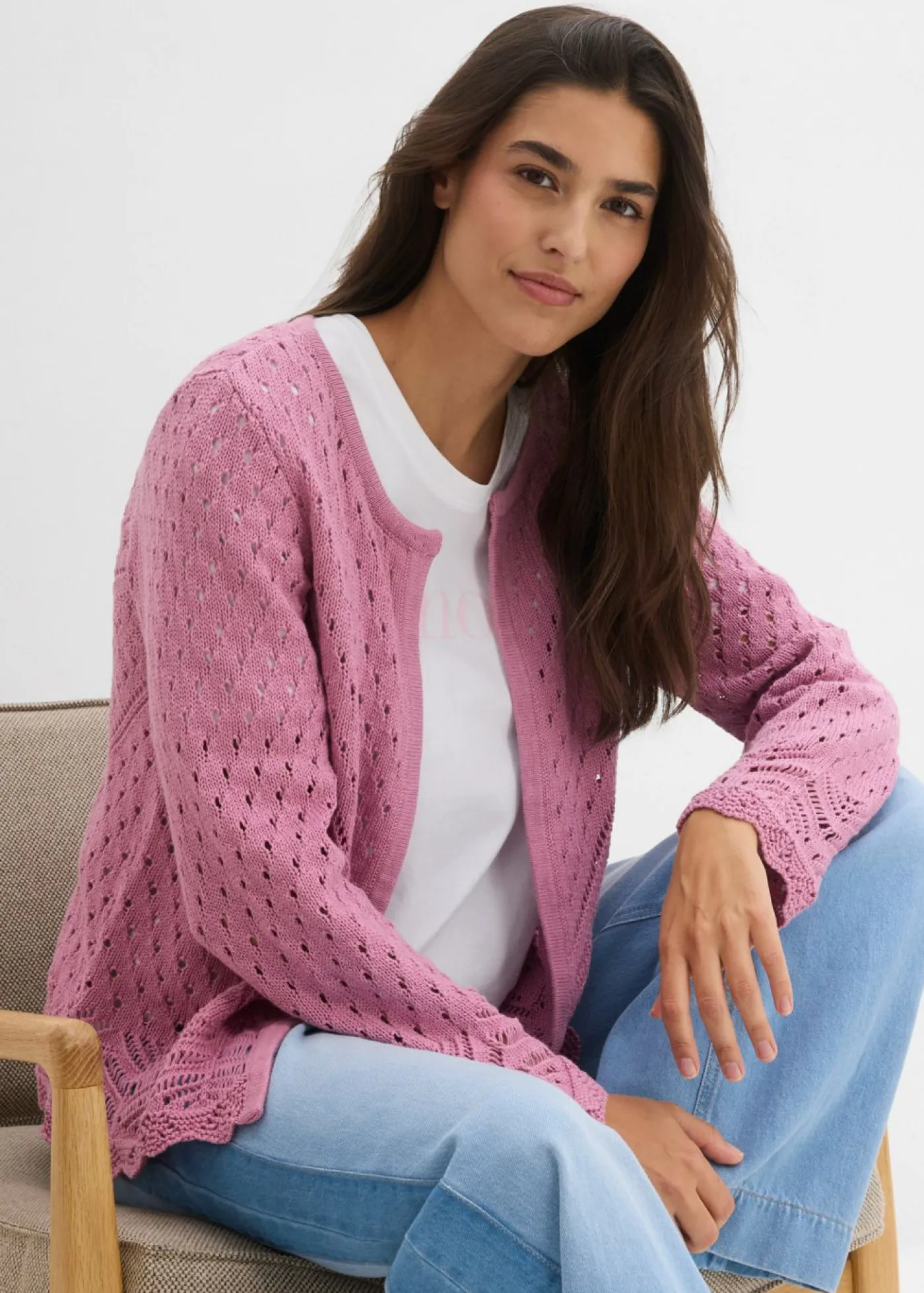 bonprix bonprix Chaqueta de punto ajour de algodón puro Malva