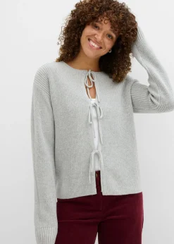 bonprix bonprix Chaqueta de punto con detalle de lazo Gris claro jaspeado Discount