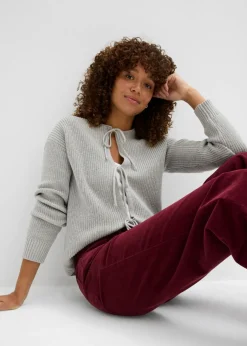 bonprix bonprix Chaqueta de punto con detalle de lazo Gris claro jaspeado Discount