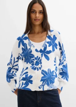 bonprix bonprix Chaqueta de punto con estampado de flores blanco lana-azul provenzal-azul ártico Outlet