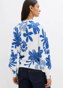 bonprix bonprix Chaqueta de punto con estampado de flores blanco lana-azul provenzal-azul ártico Outlet