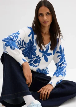 bonprix bonprix Chaqueta de punto con estampado de flores blanco lana-azul provenzal-azul ártico Outlet