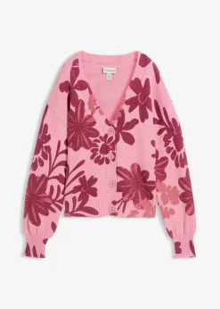 bonprix bonprix Chaqueta de punto con estampado de flores orquídea ahumado-rojo rubí Sale