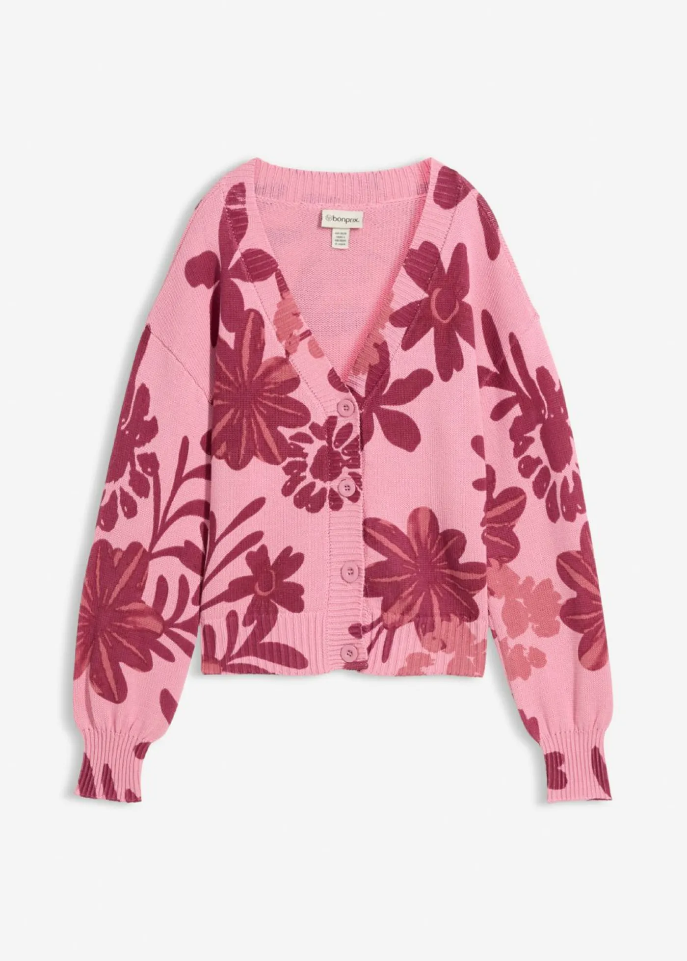 bonprix bonprix Chaqueta de punto con estampado de flores orquídea ahumado-rojo rubí Sale