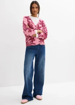 bonprix bonprix Chaqueta de punto con estampado de flores orquídea ahumado-rojo rubí Sale
