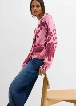 bonprix bonprix Chaqueta de punto con estampado de flores orquídea ahumado-rojo rubí Sale
