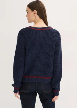 bonprix bonprix Chaqueta de punto con rayas en contraste azul marino/rojo rubí Online