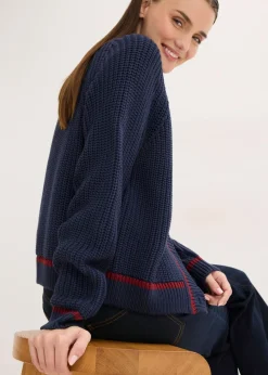 bonprix bonprix Chaqueta de punto con rayas en contraste azul marino/rojo rubí Online