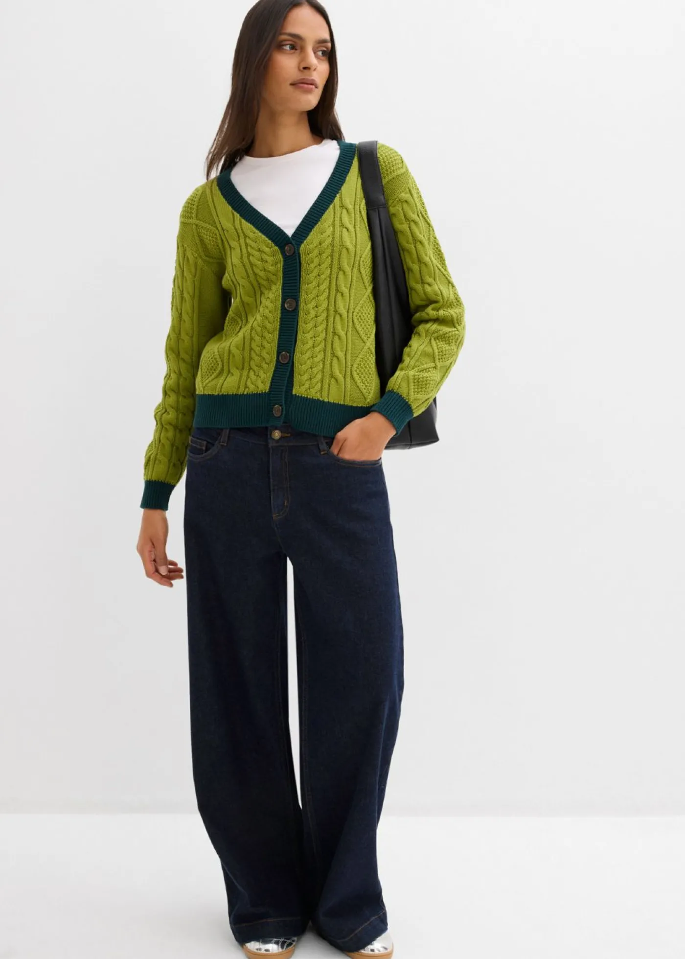 bonprix bonprix Chaqueta de punto de algodón puro musgo-verde intenso Clearance
