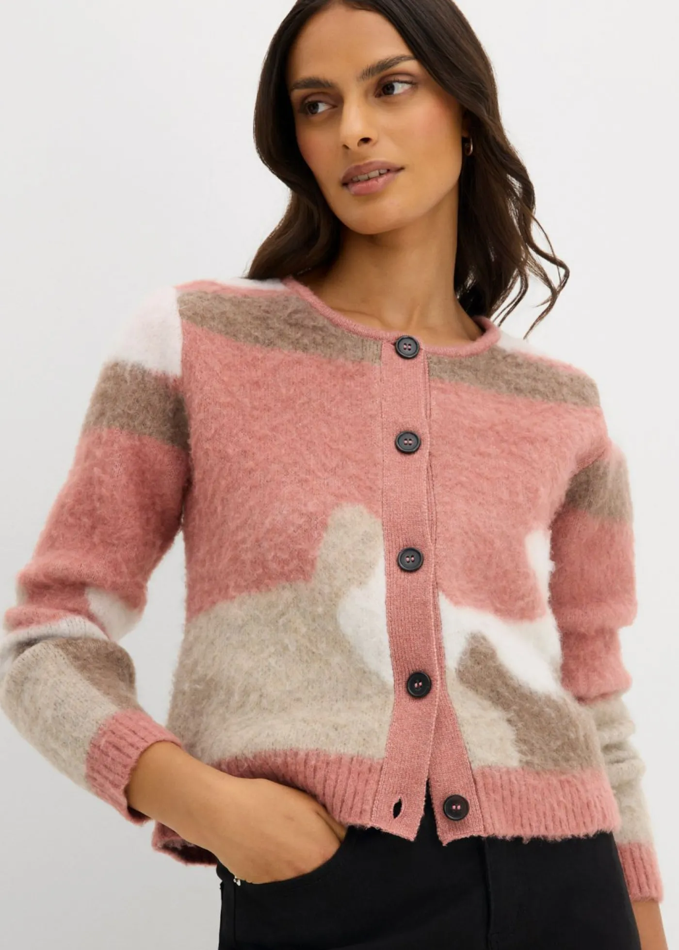 bonprix bonprix Chaqueta de punto estampada con botones rosa pálido Hot
