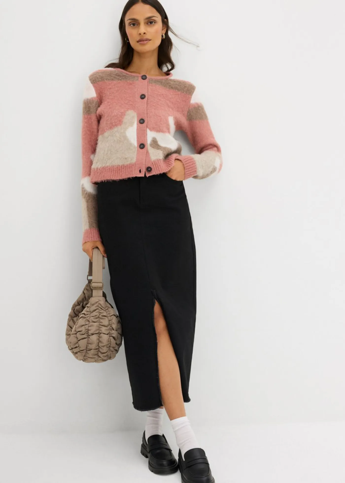 bonprix bonprix Chaqueta de punto estampada con botones rosa pálido Hot