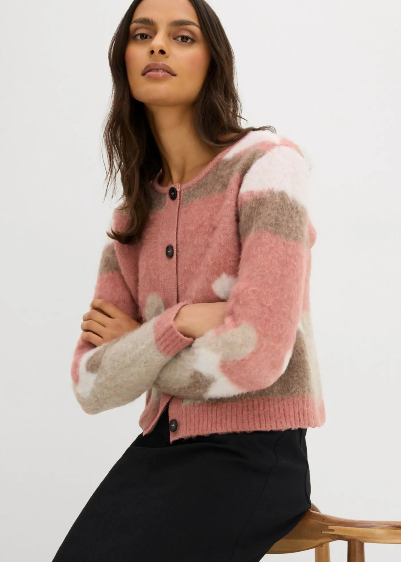 bonprix bonprix Chaqueta de punto estampada con botones rosa pálido Hot