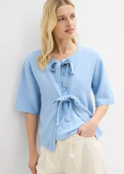 bonprix bonprix Chaqueta de punto fino con lazo Azul claro Sale