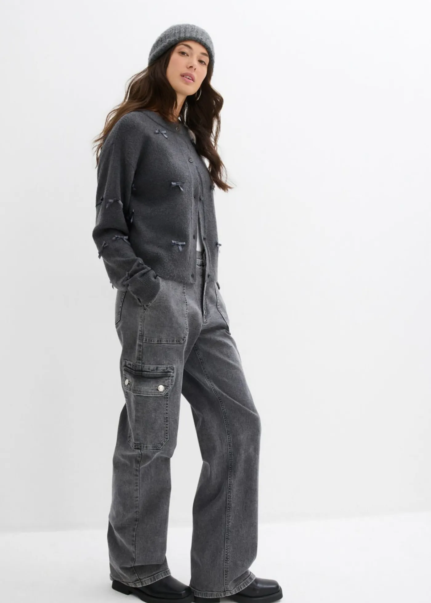 bonprix bonprix Chaqueta de punto fino con lazos antracita moteado Best