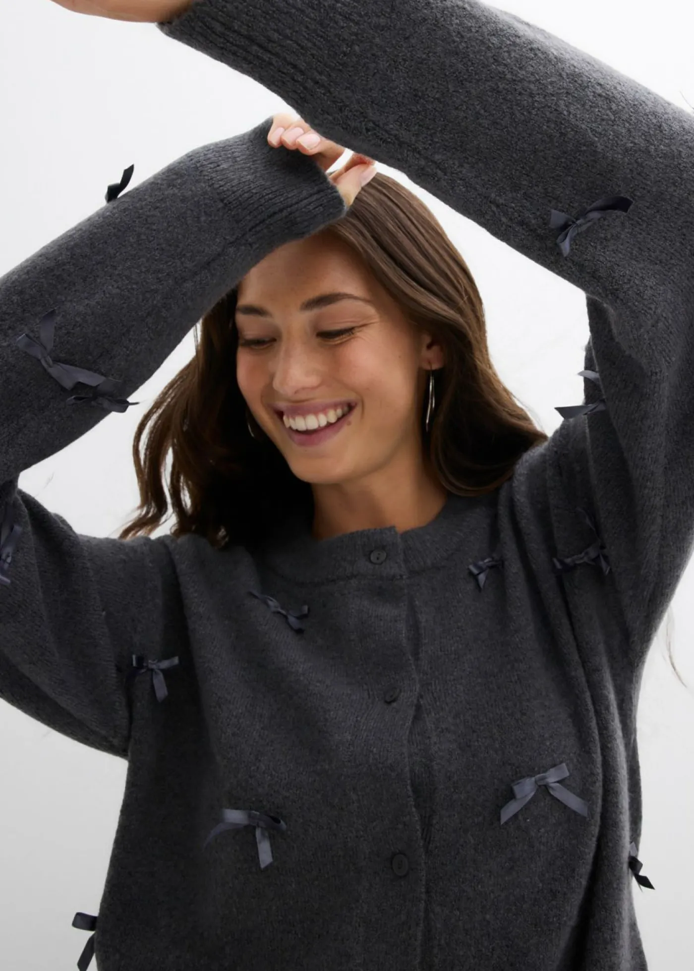 bonprix bonprix Chaqueta de punto fino con lazos antracita moteado Best