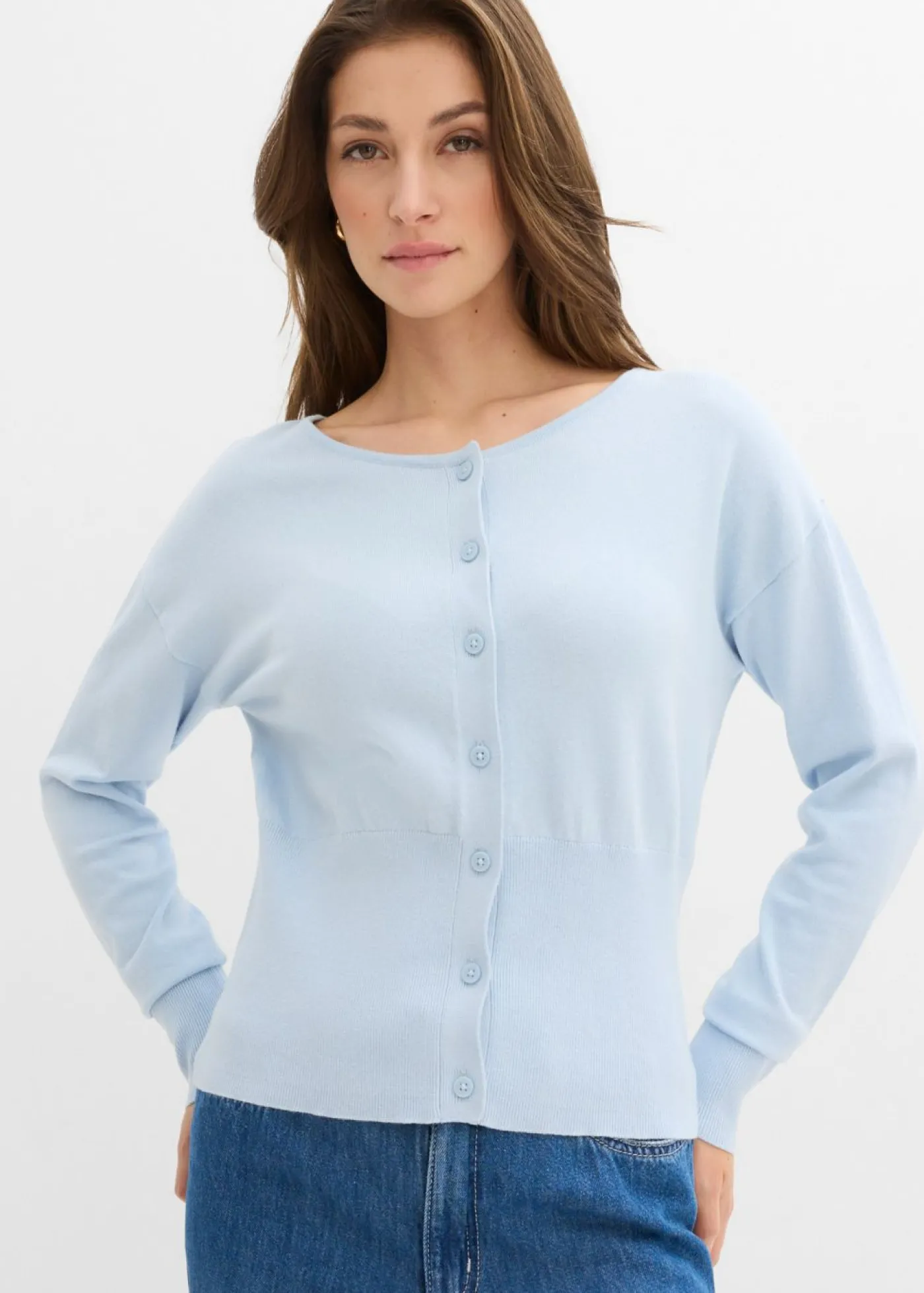 bonprix bonprix Chaqueta de punto fino con cuello redondo azul pálido Discount