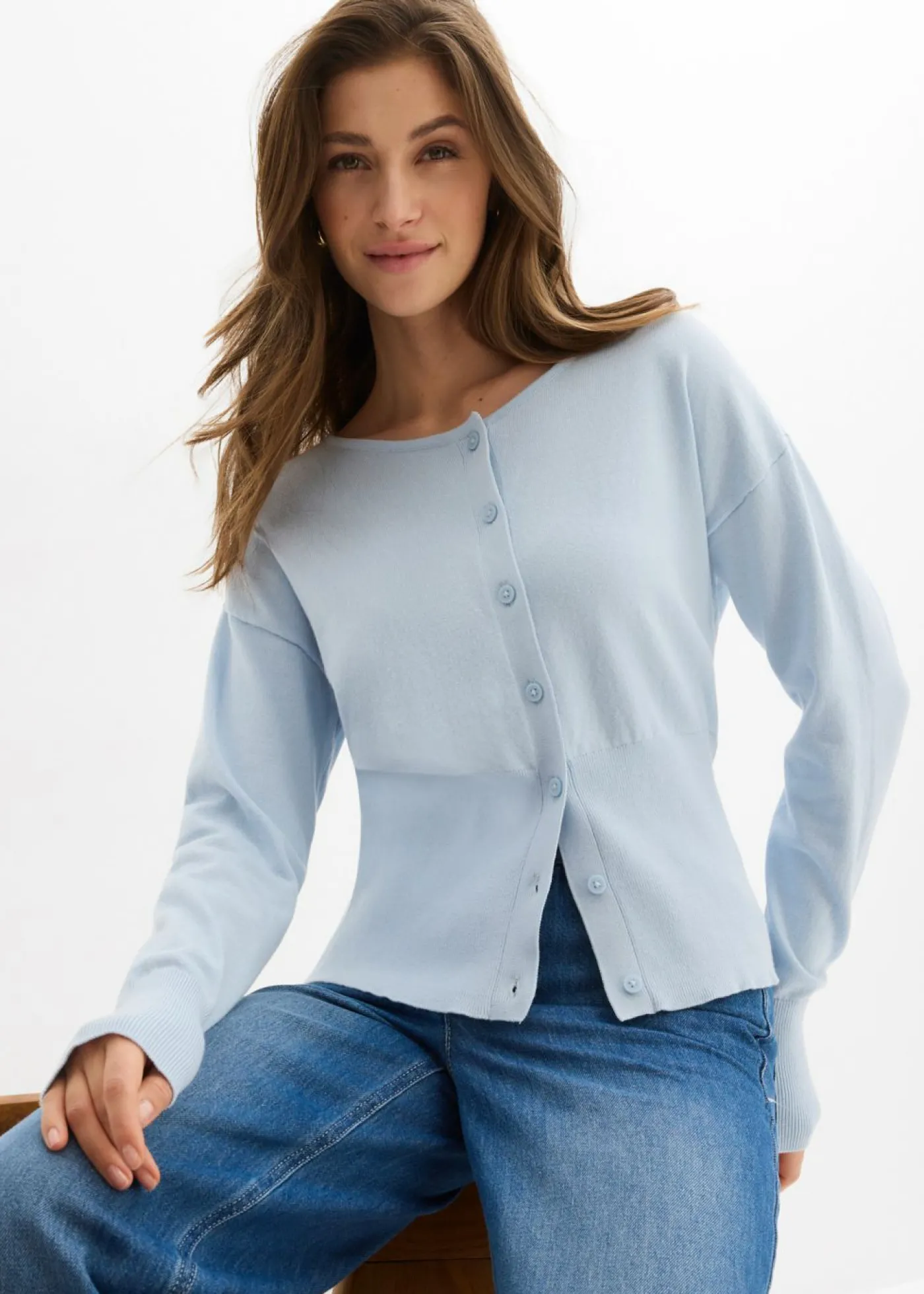 bonprix bonprix Chaqueta de punto fino con cuello redondo azul pálido Discount
