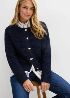 bonprix bonprix Chaqueta de punto grueso con botones con efecto martillado Azul marino New