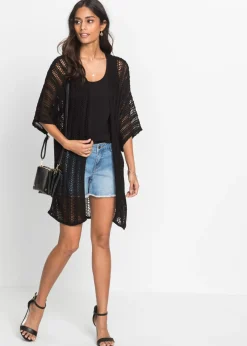 bonprix bonprix Chaqueta de punto larga con calados Negro Hot
