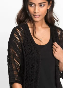 bonprix bonprix Chaqueta de punto larga con calados Negro Hot