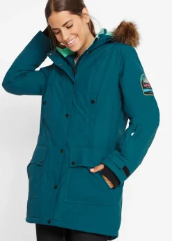 bonprix bonprix Chaqueta funcional de trekking con capucha, diseño largo y tejido impermeable Verde azulado Online