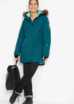 bonprix bonprix Chaqueta funcional de trekking con capucha, diseño largo y tejido impermeable Verde azulado Online