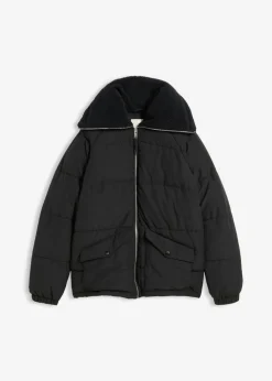 bonprix bonprix Chaqueta guateada con cuello de pelo Negro Discount