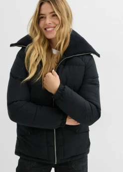bonprix bonprix Chaqueta guateada con cuello de pelo Negro Discount