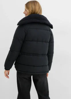bonprix bonprix Chaqueta guateada con cuello de pelo Negro Discount