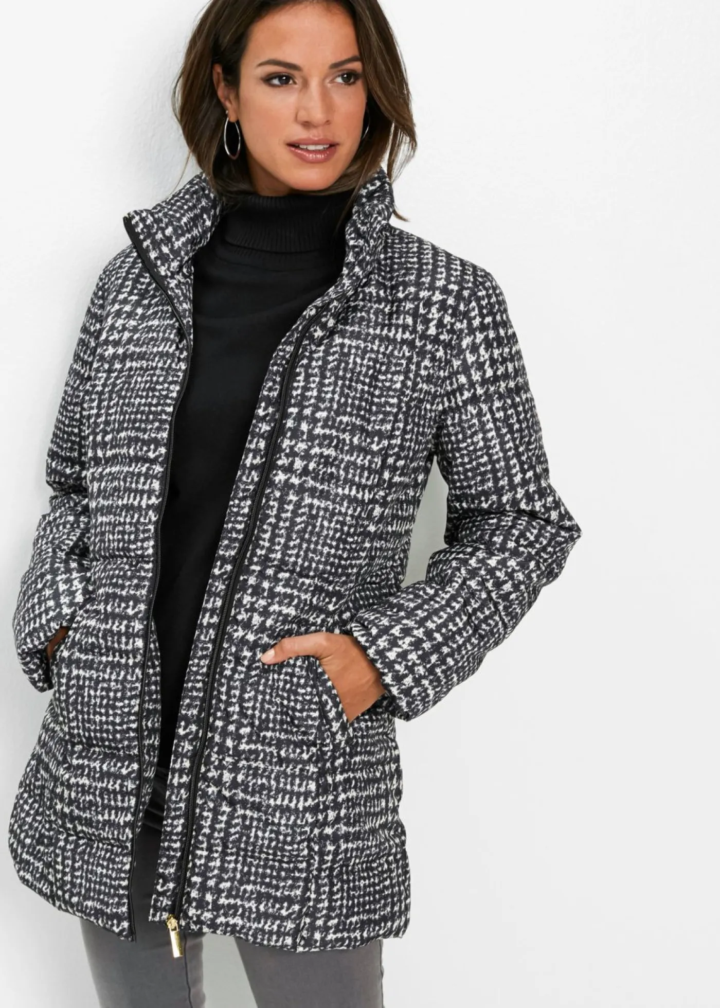bonprix bonprix Chaqueta guateada larga Negro/beige sílice de cuadros Sale