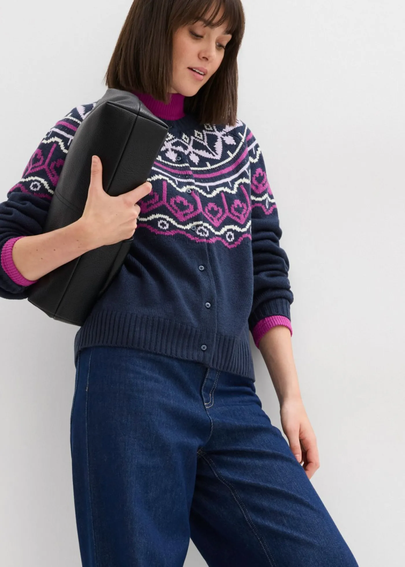 bonprix bonprix Chaqueta holgada de punto con patrón nórdico Azul marino Best