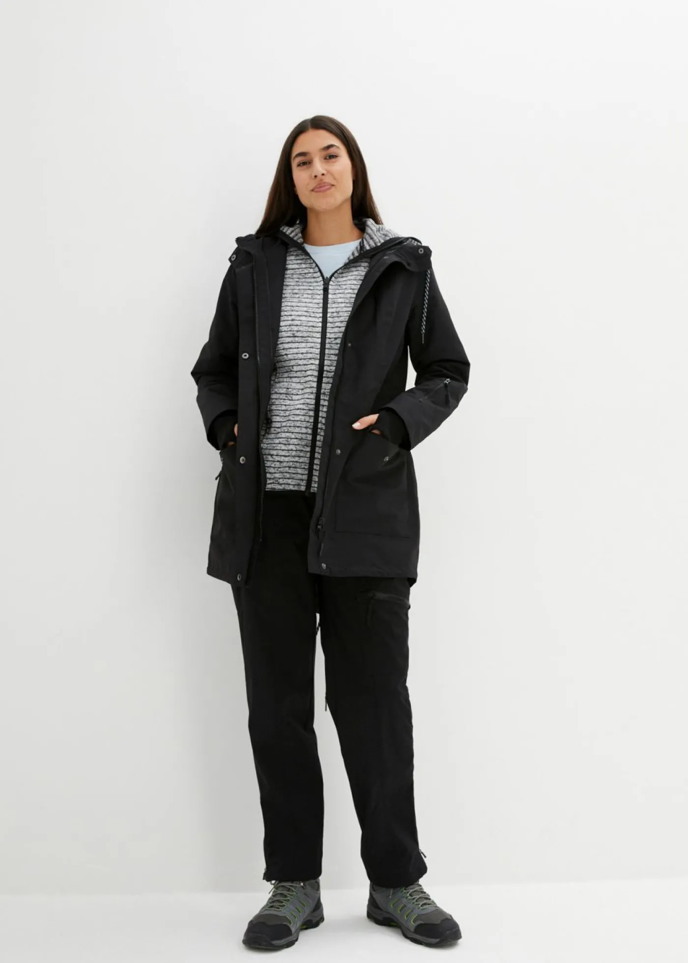 bonprix bonprix Chaqueta larga 3 en 1 con prácticos bolsillos negro-gris moteado New