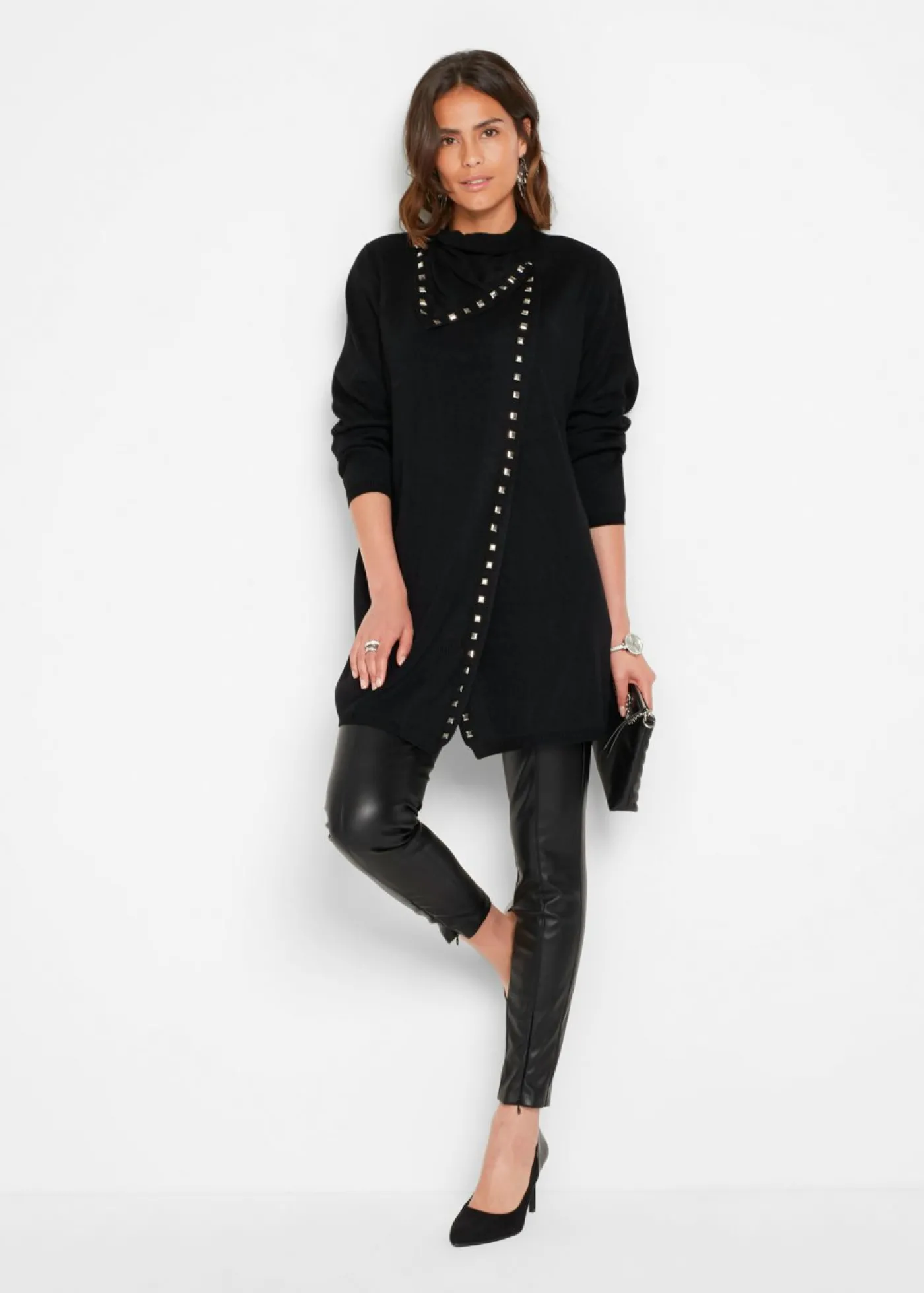 bonprix bonprix Chaqueta larga de punto con tachuelas Negro-plata