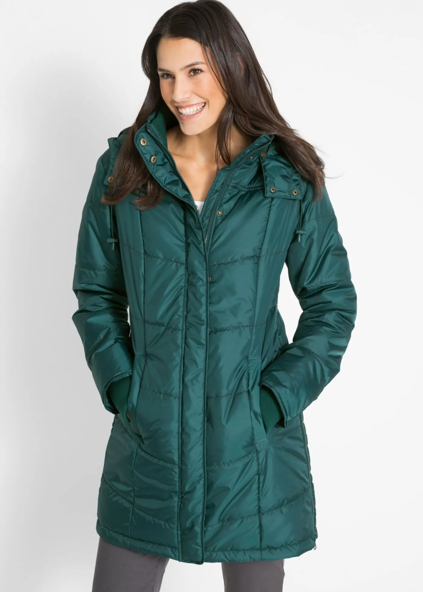 bonprix bonprix Chaqueta larga guateada con cuello y capucha Verde petróleo Discount