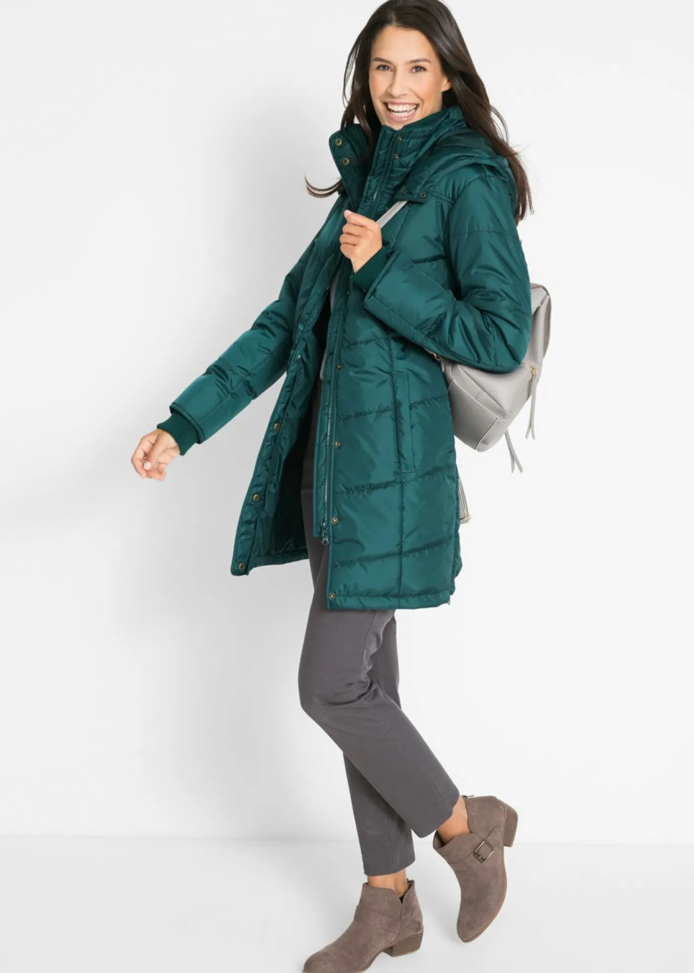 bonprix bonprix Chaqueta larga guateada con cuello y capucha Verde petróleo Discount
