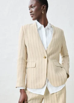 bonprix bonprix Chaqueta sin cuello de lino puro arena claro con rayas Clearance