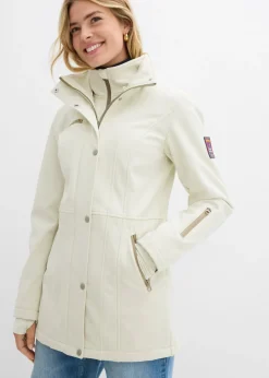 bonprix bonprix Chaqueta softshell elástica con diseño largo y tejido repelente al agua Beige Sale