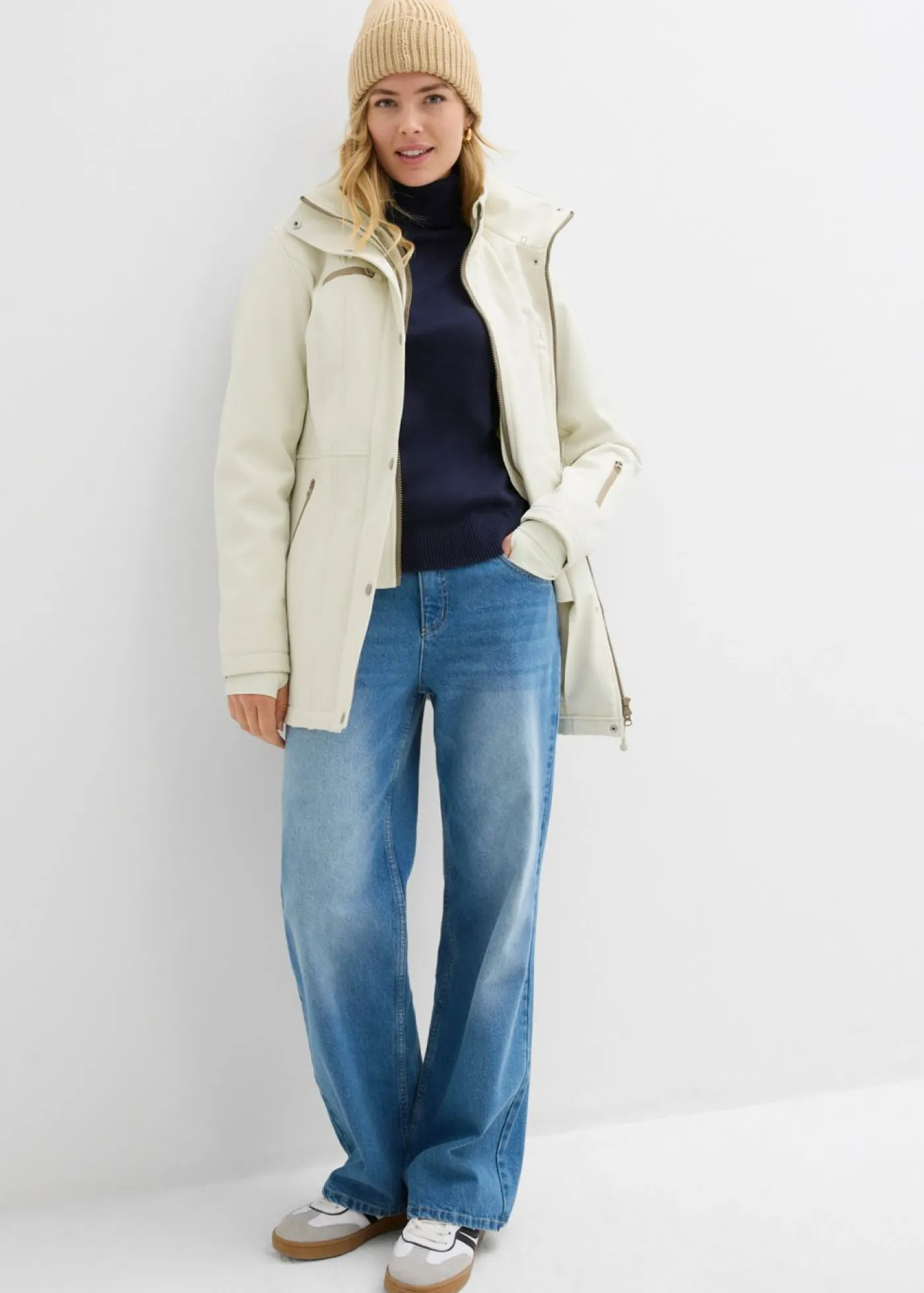 bonprix bonprix Chaqueta softshell elástica con diseño largo y tejido repelente al agua Beige Sale
