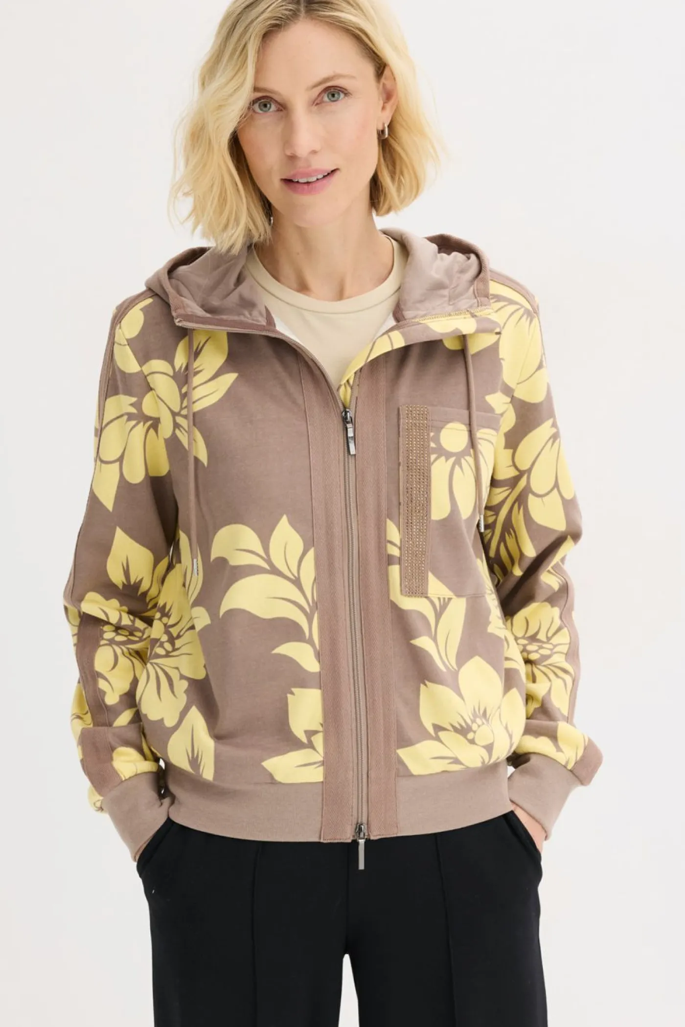 bonprix bonprix Chaqueta tipo sudadera con algodón Marrón grisáceo/amarillo claro de flores Discount