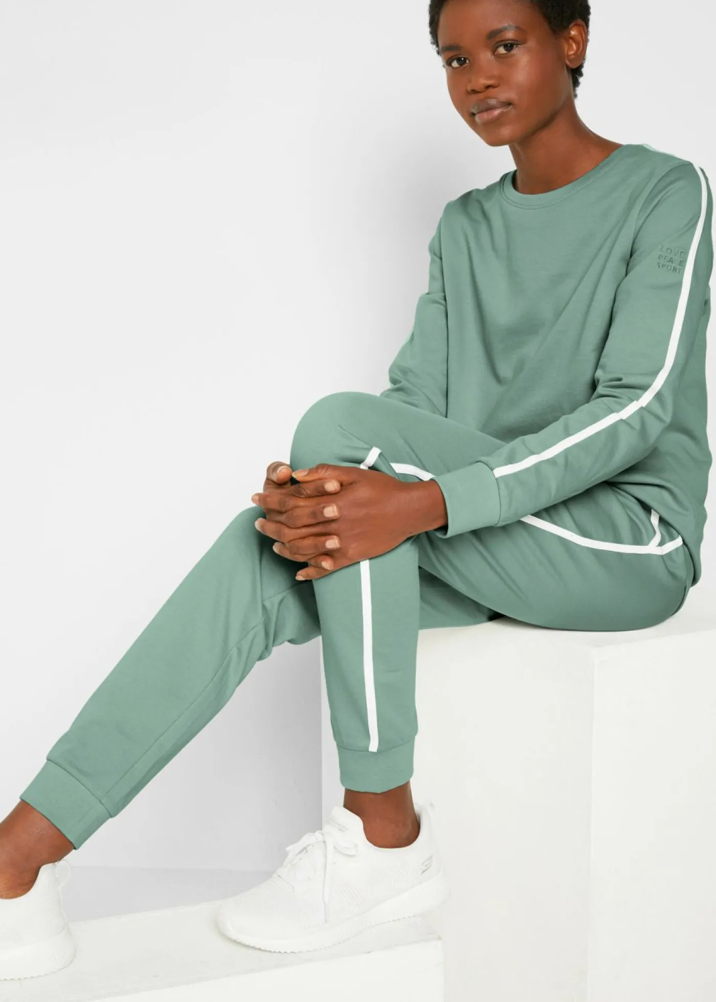 bonprix bonprix Chándal de algodón puro (conjunto de 2 piezas) Verde ahumado de rayas verticales Discount
