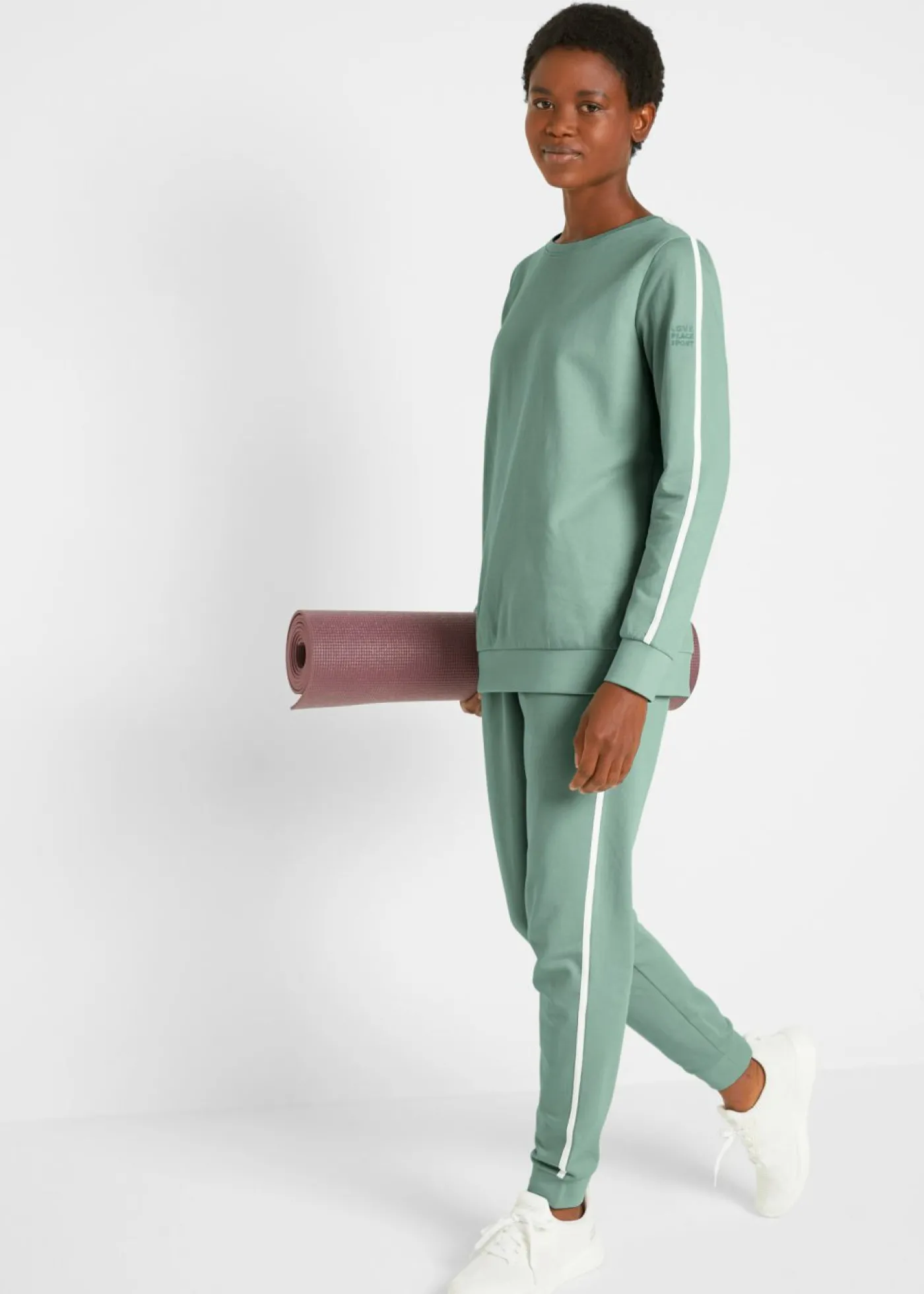 bonprix bonprix Chándal de algodón puro (conjunto de 2 piezas) Verde ahumado de rayas verticales Discount