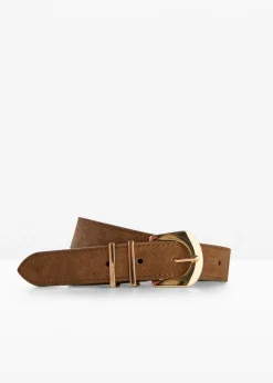bonprix bonprix Cinturón de cuero con hebilla metálica brillante marrón Online