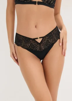bonprix bonprix Cómodo tanga con encaje de flores Negro Outlet