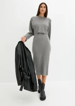 bonprix bonprix Conjunto de vestido de punto (2 piezas) Gris jaspeado Outlet