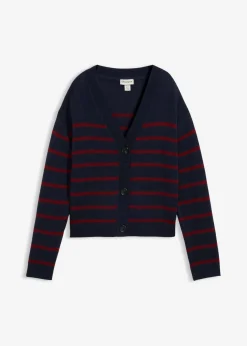 bonprix bonprix Cárdigan de mezcla de algodón azul marino/rojo rubí con rayas Best